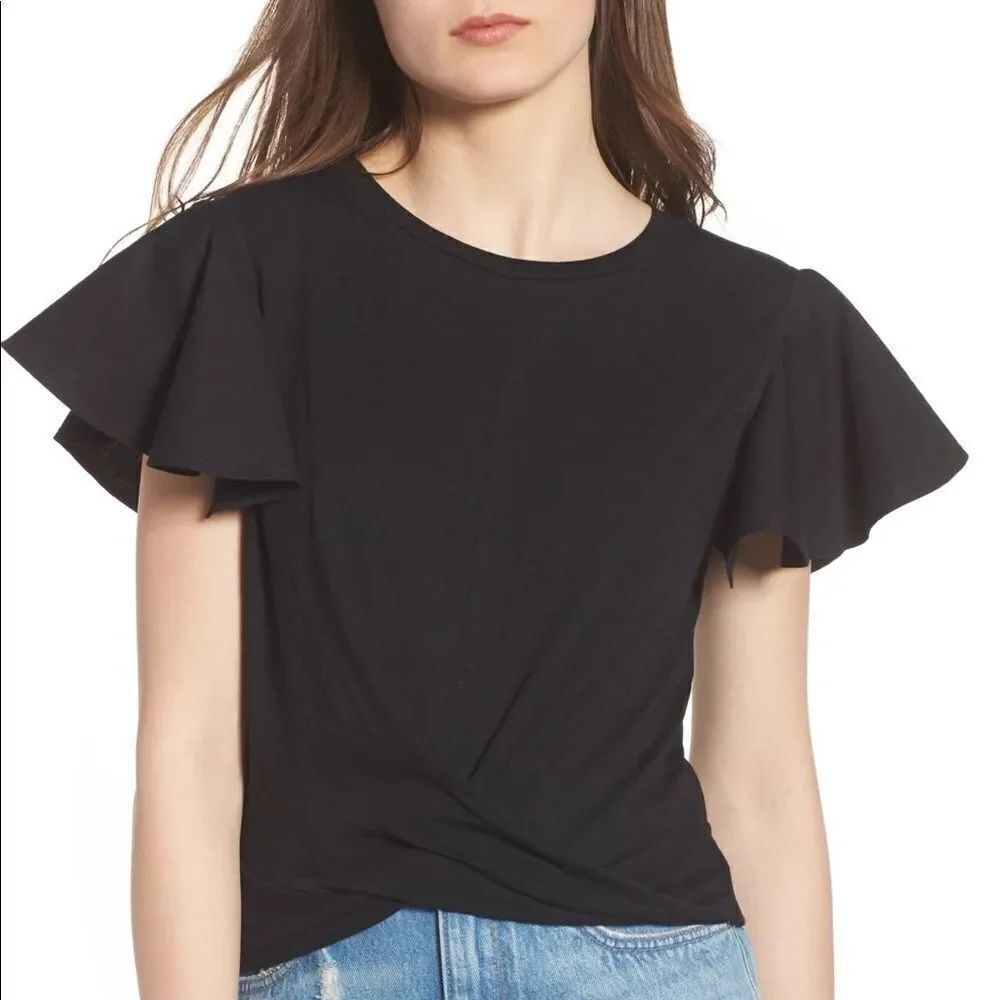 B.P. Black Ruffle Sleeve Twist Hem Tee SzXL